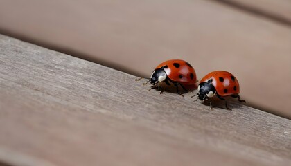 Ladybugs Crawling On A Wooden Bench - Powered by Adobe