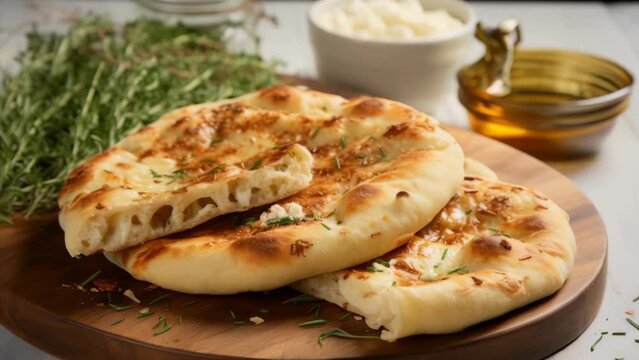 Three flatbreads with herbs on top sit on wooden cutting board