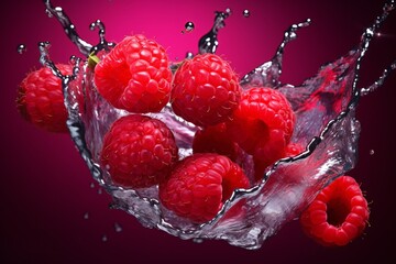 a group of raspberries falling into water