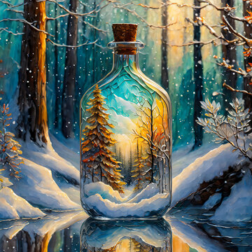 Glass forest winter season painting on glass bottle