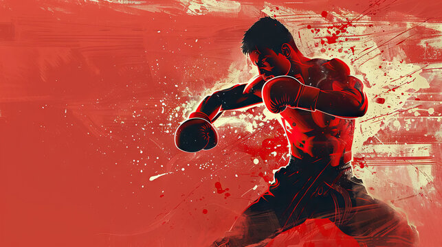kickboxing fighter against red background in grunge style with copy space.