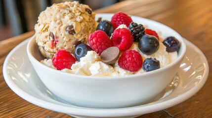 a bowl of ice cream with raspberries, blueberries, and chocolate chip cookies on top of it.