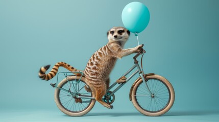 Fototapeta premium a meerkat riding a bike with a blue balloon attached to it's handlebars in front of a blue background.