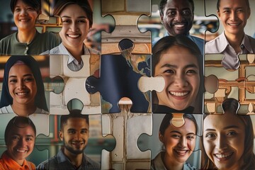 The Spirit of International Labour Day: A Collage of Smiling Faces from Around the World – Create a montage within a piece of a jigsaw puzzle that fits together to form one united image. - obrazy, fototapety, plakaty