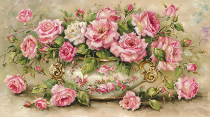 a painting of pink roses in a teacup with green leaves and pink flowers on the bottom of the picture.
