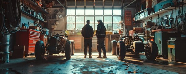 Two Mechanics Working in Garage - obrazy, fototapety, plakaty