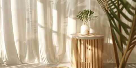 Round White Wooden Side Table with Tropical Plant and Leaf Shadow: Perfect for Luxury Product Displays in Organic and Natural Settings