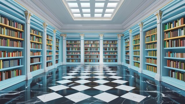 Classic blue library design with checkered floor - Classic library setting with symmetrically lined bookshelves and an elegant checkered floor