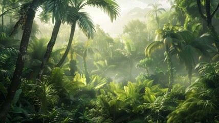 Dense tropical rainforest with sun rays - Lush greenery envelopes the scene with sun rays penetrating the thick foliage of the rainforest