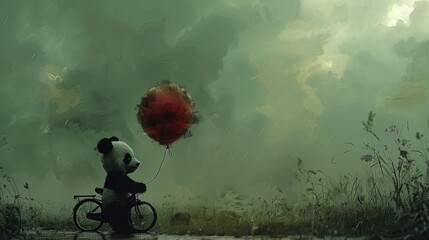 a painting of a panda bear riding a bike with a red balloon attached to the back of it's head.