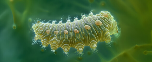 green caterpillar like microscopic organism seen through a microscope 