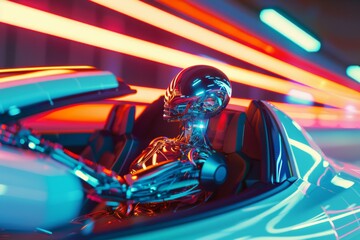 Futuristic chrome robot driving a sports car - A glossy chrome robot with intricate details pilots a sleek sports car amid vibrant neon lights, evoking a sense of advanced technology and speed