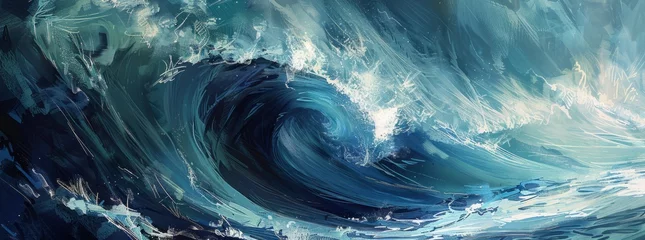 Tuinposter A massive, dark blue wave with white foam rolling over in the ocean, captured from an extreme closeup perspective Generative AI © SKIMP Art