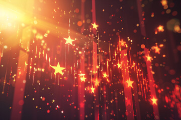 Fototapeta na wymiar Golden starry glitter rain on dark red background