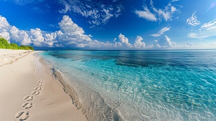 Tranquil Tropical Beach Panorama: A Wide-Angle View Showcasing  Sky at the Horizon, with Delicate Footprints on the Untouched  Peaceful, Secluded Cove.
