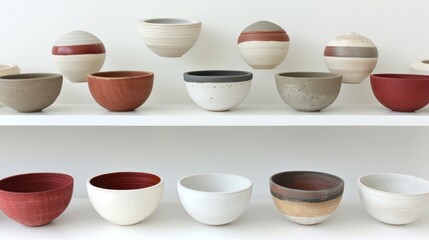 a group of bowls sitting on top of a white shelf next to each other on top of a white shelf.