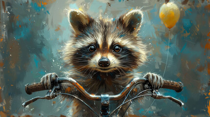  a painting of a raccoon riding a bike with balloons floating in the air above it's head.