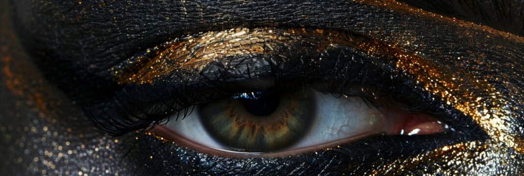 Eye with Super Black Gold Makeup, Beautiful Luxury Woman Eye, Vantablack Makeup, Generative AI Illustration