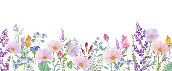 Obraz na płótnie Canvas Blooming botanical flowers border frame. Pink, purple, blue and orange wild flower on white background.Colorful garden. vector illustration.