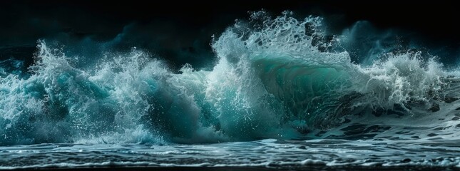 Waves crashing on the shore, a powerful ocean wave in full swing with dark blue and turquoise colors Panoramic view of sea waves with white foam Generative AI - obrazy, fototapety, plakaty