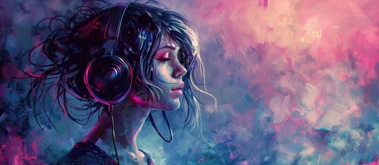 A CG artwork featuring a fictional character of a girl wearing headphones and immersed in music. The electric blue graphics create a supernatural aura in the darkness