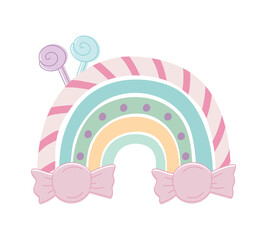 Childish hand drawn rainbow made of candies. Cute candy rainbow decoration. Baby kids design. Vector illustration