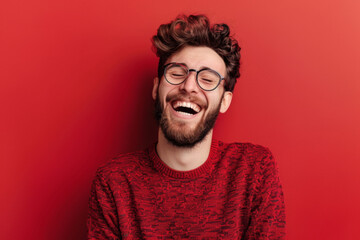Man laughing with closed eyes on red background - A bearded man in a red sweater stands out brightly against a red background, laughing heartily with his eyes gently closed - obrazy, fototapety, plakaty