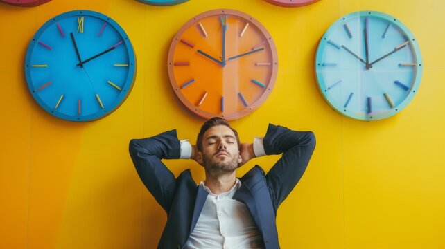 Man relaxing with clocks in colorful room - A relaxed man sitting backwards on a chair in a colorful room with multiple clocks, depicting time concept and rest