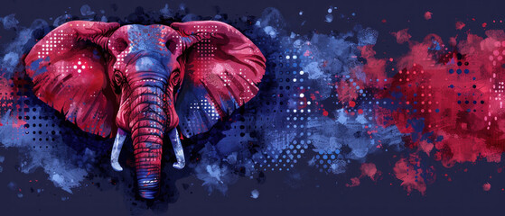 a painting of an elephant with red and blue paint splatters on it's face and a black background.