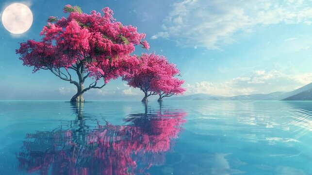beautiful trees grow in the middle of a very beautiful and charming lake. seamless looping time-lapse virtual 4k video Animation Background.