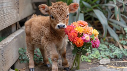 Obraz premium a baby calf standing next to a bunch of flowers on the ground and looking at the camera with a curious look on its face.