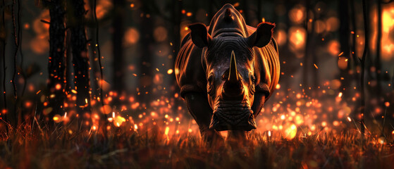 a rhinoceros standing in the middle of a forest with fire coming out of it's back end. - obrazy, fototapety, plakaty