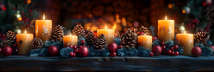 Christmas decoration with candles on the fireplace,
Illuminated christmas light garland on a fireplace