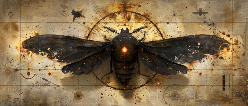 a digital painting of a moth on a piece of paper with a clock in the middle of the image and a circle in the middle of the image.