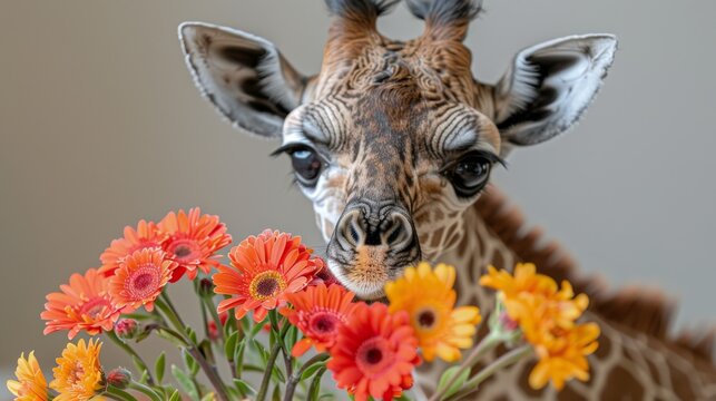  a close up of a giraffe with a bunch of flowers in it's mouth and a vase of flowers in front of it.