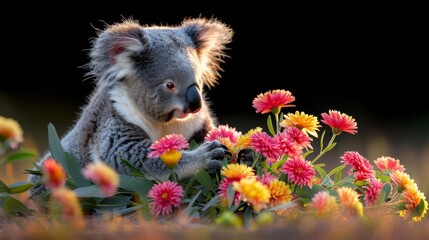  a koala sitting on top of a lush green field filled with lots of pink and yellow wildflowers.