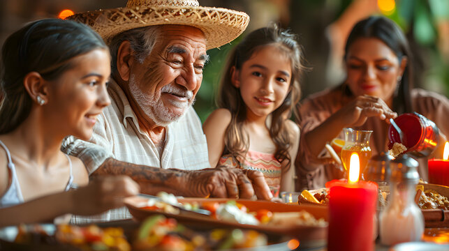 Portrait of happy family having dinner together at home and eating traditional mexican food. Cinco De Mayo, national holiday of mexico