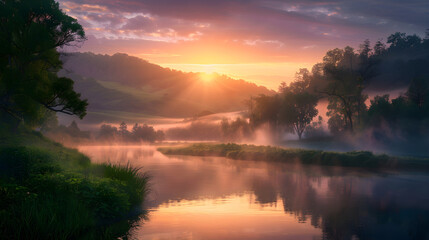 Dawn Breaking Over Serene Valley - A Captivating Dance Between Light And Serenity