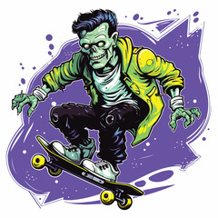 Frankenstein astronaut riding skateboard illustrati