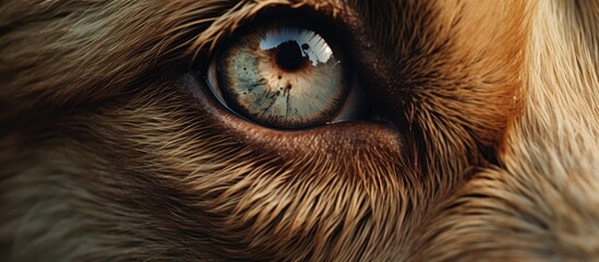 A closeup of a fawncolored carnivorous dog breeds eye with whiskers, fur, and a snout, looking...
