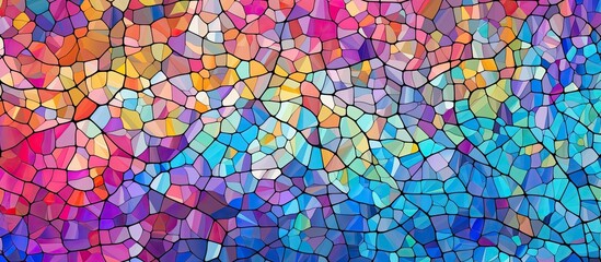A close up of a vibrant stained glass window showcasing a symmetrical pattern in hues of purple, magenta, and electric blue, creating a stunning artistic organism of tints and shades