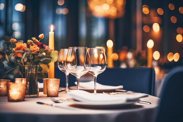 Christmas or evening reservation: A festive background with wine glasses and tableware.