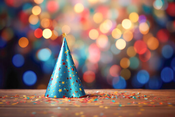 A festive birthday party hat adorned with colorful confetti, ready to bring joy and excitement to the celebration.