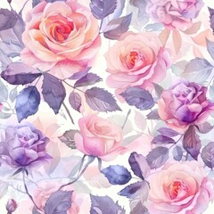 Seamless watercolor pattern with rose blossoms in pastel tones