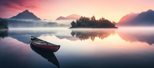 Amidst the silence of the morning, a solitary kayak on the glassy surface of the lake, offering a peaceful and serene moment in nature. - obrazy, fototapety, plakaty