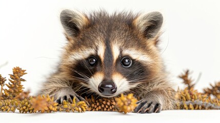  a close up of a raccoon laying on top of a pile of dry grass and pineconis.