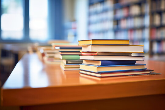 A photo of a neatly arranged stack of textbooks on a desk, set against a blurred background of a school library
