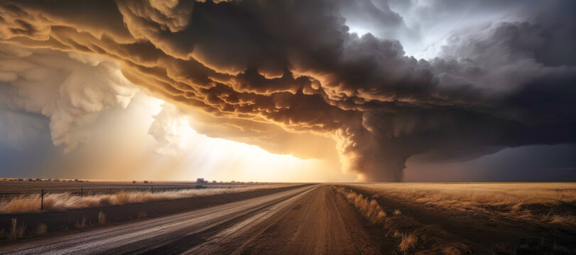 Tornado storm as dramatic weather effect at wide rural landscape