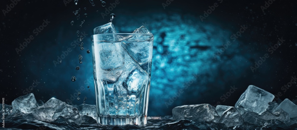 Poster a glass of liquid is being poured into it, creating ripples in the electric blue font. the skyscrape