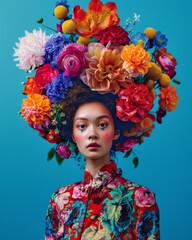 Cultural fusion represented with a lush floral headdress complementing an ornate traditional attire against a blue background